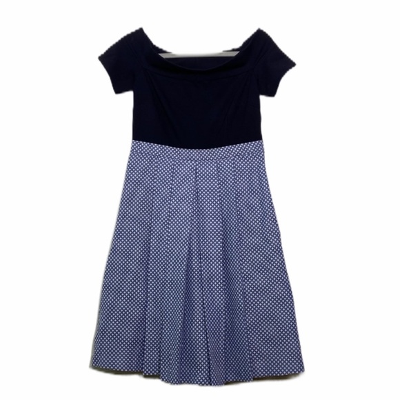 MODCLOTH Off The Shoulder Embroidered 50's Inspired Dress Blue Polka Dot Sz M - Picture 1 of 6